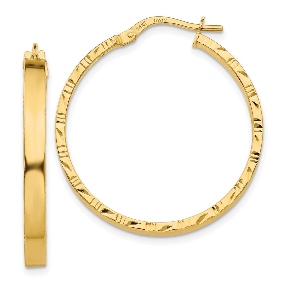 14k Yellow Gold Diamond Cut Edge Large 3mm Hoop Earring 32.25 L X 30.25 Mm W